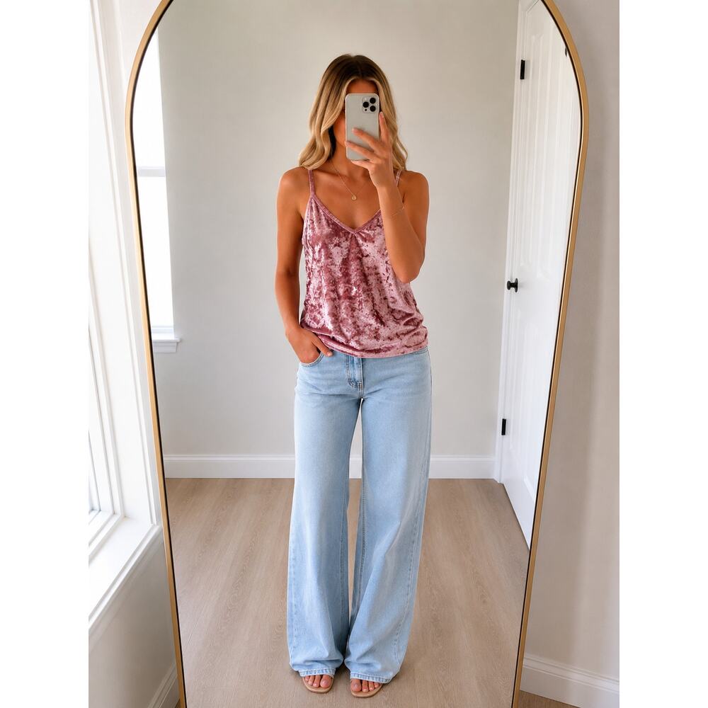 IJAK 🌿Y2K Inspired Crushed Velvet Cami Tank Top Women Medium Pink Velour Y2K
